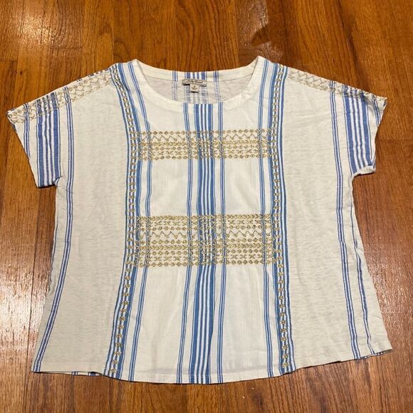 Lucky Brand Blue Striped - Gold Embroidered Short Sleeve - Size S - Picture 1 of 7